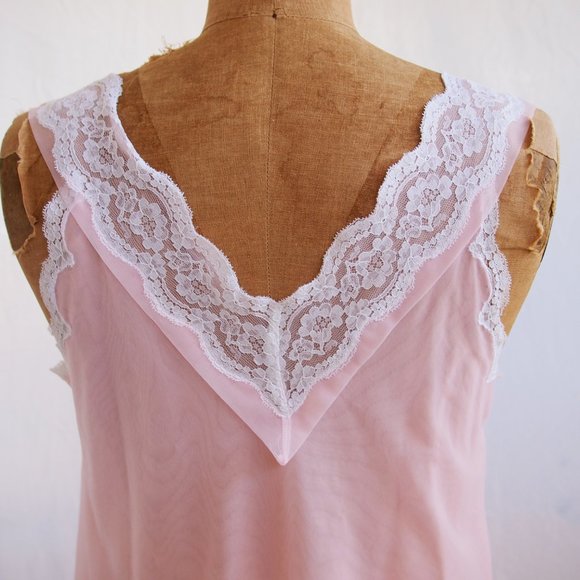 vtg 60s KOMA Pink Nylon Chiffon Babydoll Short Empire Chemise Nightgown Lace M - Picture 6 of 11